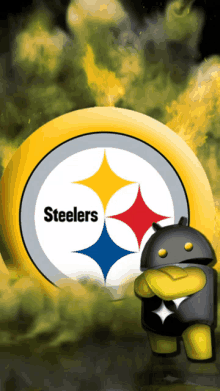 a steelers logo on a yellow background with a robot in front of it