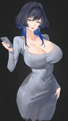 a drawing of a woman with very large breasts holding a cell phone