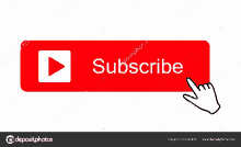 a hand is pointing at a red subscribe button .