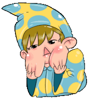 a cartoon drawing of a boy wearing a blue and yellow polka dot hat