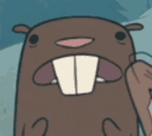 a close up of a cartoon beaver with big teeth holding a log .