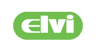 a green and white elvi logo with a white background