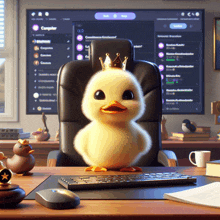 a duck with a crown on its head sits on a desk in front of a computer screen that says compiler