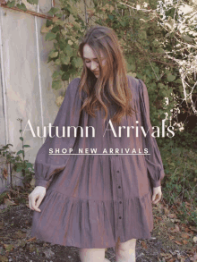 autumn arrivals shop new arrivals with a woman in a purple dress