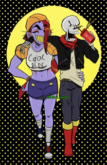 a drawing of a skeleton holding a coca cola bottle next to a skeleton wearing a cool dude shirt