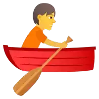 a man in an orange shirt is paddling a red boat with a wooden paddle