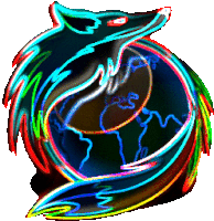 a colorful drawing of a wolf with a globe in its mouth