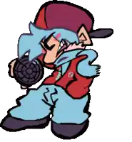 a cartoon character with blue hair and a red hat is holding a fan in his hand .