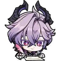 a cartoon of a demon with purple hair and horns holding a piece of paper .