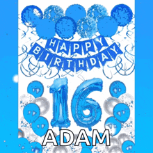 a poster for adam 's 16th birthday with blue balloons and swirls