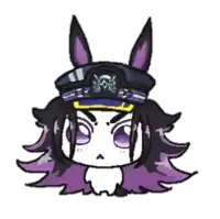 a drawing of a person wearing a hat with purple ears .