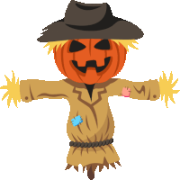 a scarecrow with a pumpkin on his head and a hat