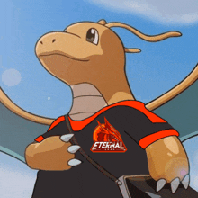 a cartoon dragon is wearing an eternal flame t-shirt