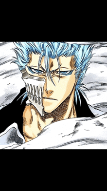 a drawing of a man with blue hair and a white mask on his face