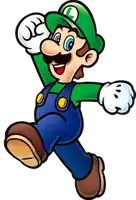 a cartoon drawing of mario wearing a green hat with the letter l on it