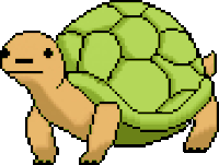 a pixel art illustration of a green turtle with a brown head .