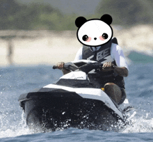 a person riding a jet ski with a panda face on their face