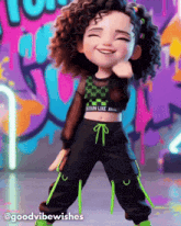 a doll with curly hair is wearing a crop top that says " edun like " on it
