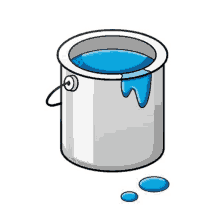 a cartoon illustration of a bucket of paint with blue paint dripping out of it .