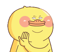 a cartoon of a yellow duck with pink cheeks and a hand on its face