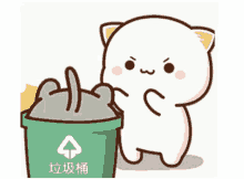 a cartoon cat is standing next to a green garbage can with chinese writing on it