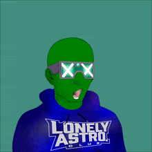 a man wearing a blue hoodie that says lonely astro