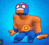 a cartoon character wearing a wrestling mask and a belt is standing on a blue background .