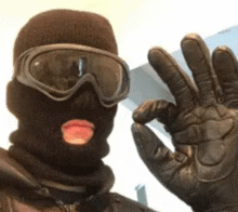 a person wearing a ski mask and goggles is giving an okay sign .