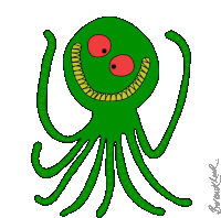 a drawing of a green octopus with red eyes and yellow teeth is signed by borkowski