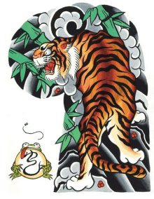 a cartoon drawing of a tiger and a frog with the letter m on it