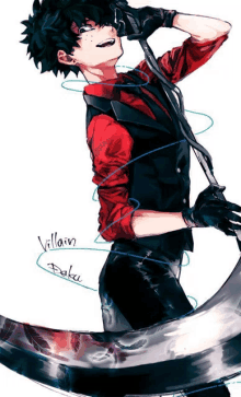 a man in a red shirt and black vest is holding a scythe and the word villain is written below him