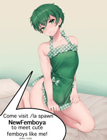 a picture of a girl in an apron with the words come visit / la spawn newfemboya to meet cute femboys like me below