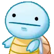 a blue and yellow cartoon turtle with a sad face on its face .
