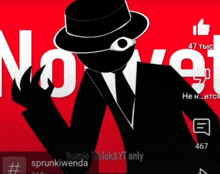 a silhouette of a man in a suit and hat with the word novel in white letters