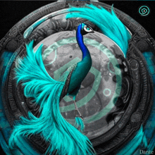 a peacock with blue feathers is surrounded by a circle and the name dante is on the bottom