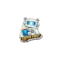 a sticker of a robot holding a cup of coffee with the words coffee first
