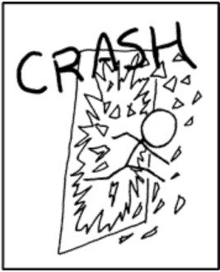 a black and white drawing of a stick figure with the word crash written above it .