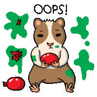 a cartoon of a guinea pig holding a red apple with the words oops written below it