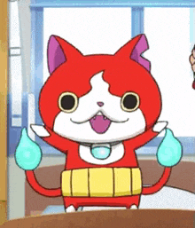 a red and white cartoon cat is standing next to a window .