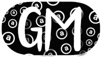 the word gm is on a black background with white circles around it