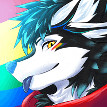 a drawing of a wolf with a rainbow colored eye and tongue sticking out