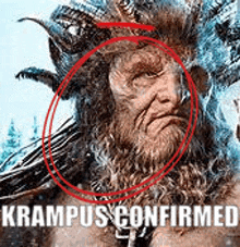 a painting of a man with horns and a beard with the words krampus confirmed .