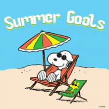 a cartoon of snoopy sitting in a beach chair under an umbrella with the words summer goals above him