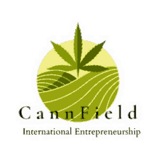 a logo for cannfield international entrepreneurship with a marijuana leaf in the middle of a field