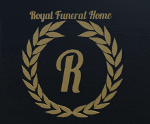 a logo for royal funeral home with a gold wreath around the letter r