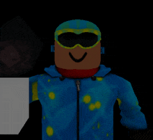 a cartoon character wearing a blue jacket and goggles is smiling