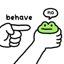 a cartoon of a hand pointing at a frog with a speech bubble that says no .