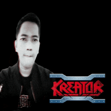 a man is standing in front of a sign that says kreator