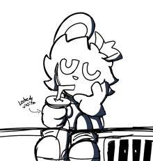 a black and white drawing of a cartoon character drinking from a cup that says leche de visita