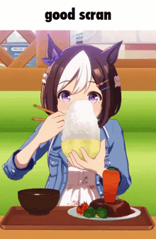 a girl with purple eyes is eating rice with chopsticks and the words good scran above her